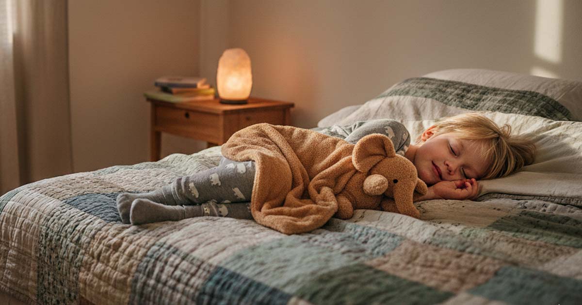 Barn ligger og sover med tyngdebamse Barn ligger og sover med tyngdebamse