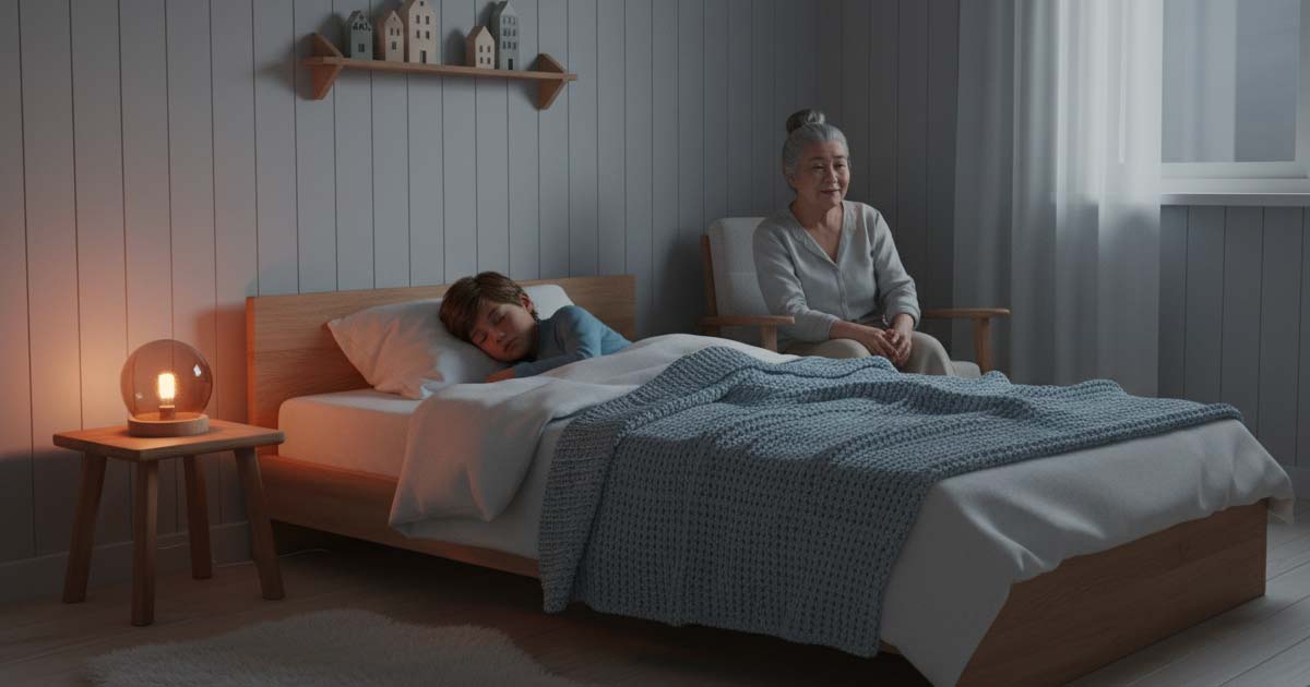 Barn ligger og sover med tyngdebamse Barn der sover roligt i sengen om natten