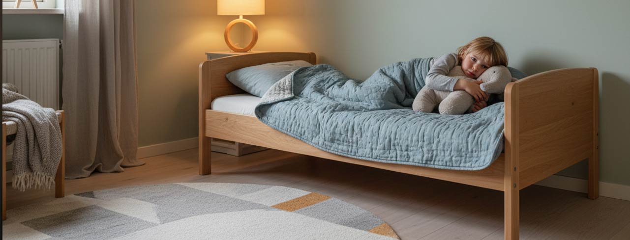 Barn i seng med både tyngdebamse og tyngdedyne i rolige omgivelser ved sengetid